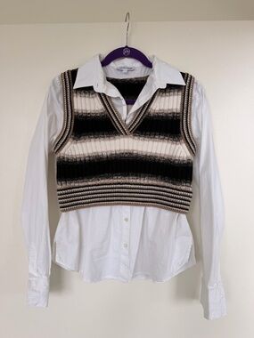 Veronica Beard Black & Cream Striped V-Neck Knit Vest